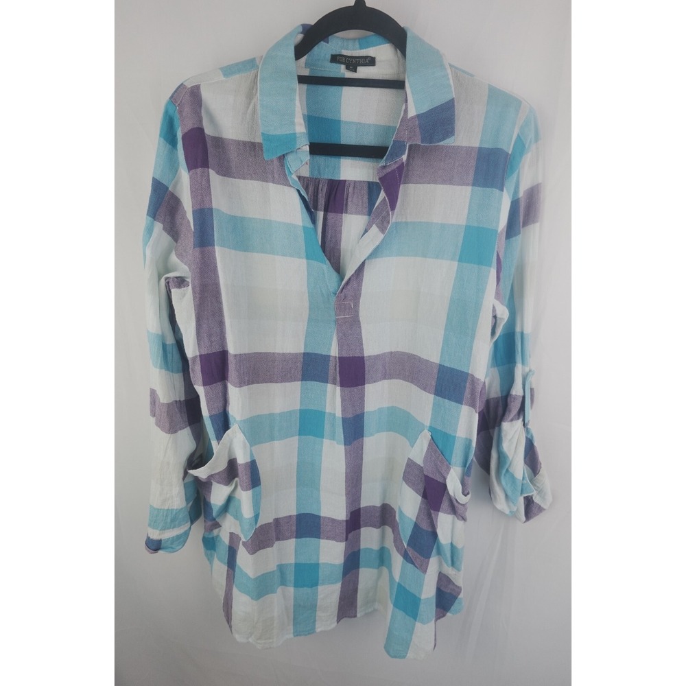 For Cynthia‎ ShirtDress Women's M Purple Blue White Button Down Tunic